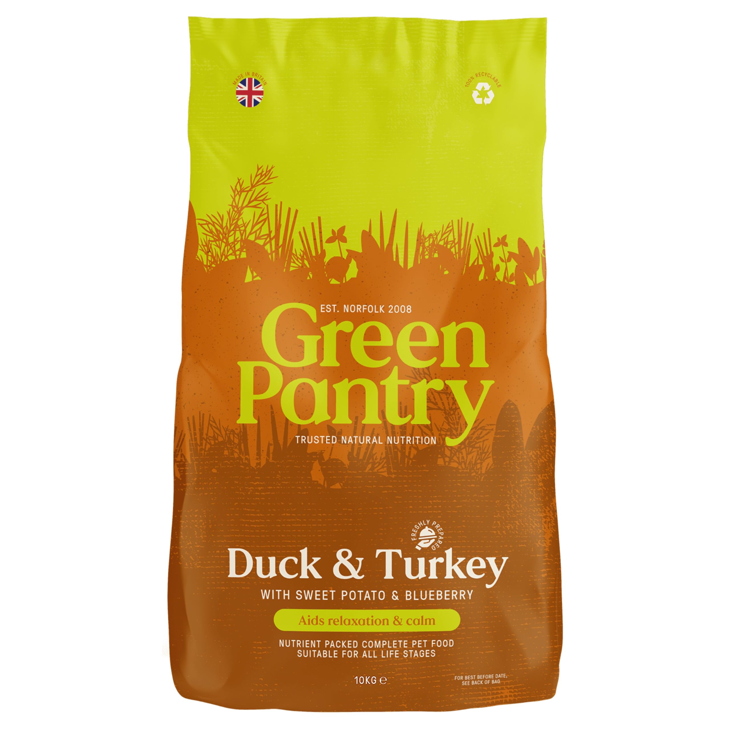 Green Pantry - Calming Support, Natural Dry Dog Food, Duck & Turkey with Sweet Potato & Blueberry, Adult Dog Food for Anxiety, 10kg