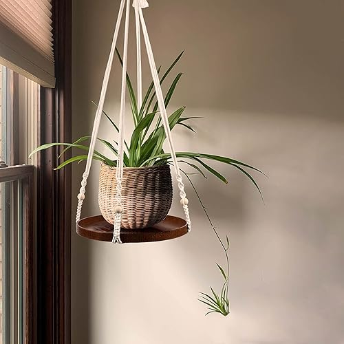 Miniatura 5 de E-Know Colgador de macramé para plantas, juego de 2 estantes colgantes para macetas de interior, soporte decorativo para macetas, colgadores de