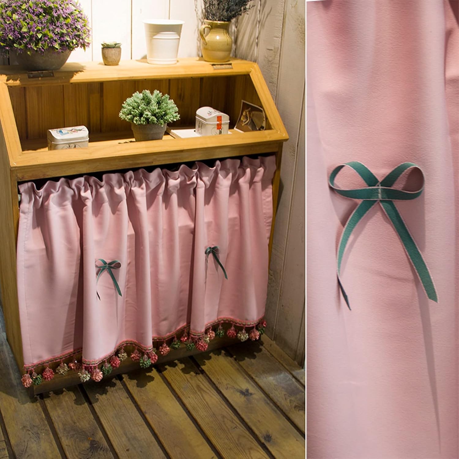 Short Curtain for Small Window Solid Pink Curtain with Bow Ties and Tassels Window Treatment Valance Window Panel Drapes Half Curtain for Kitchen Café Bedroom Cabinet Curtain Tier Curtain