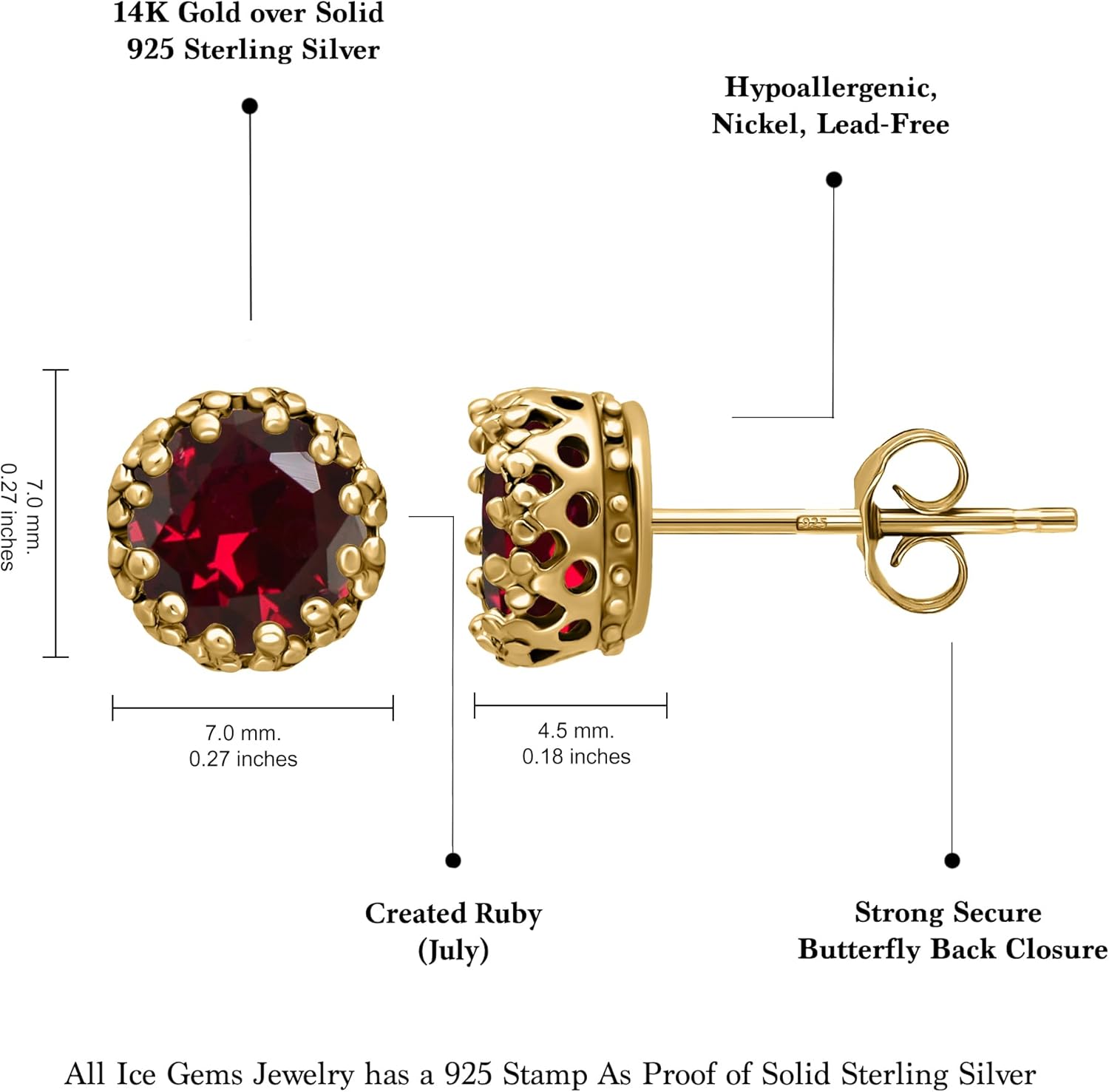 Ice Gems 14K Gold 925 Sterling Silver Genuine, Created or Simulated Birthstone 6mm Gemstone Crown Stud Earrings for Women & Girls