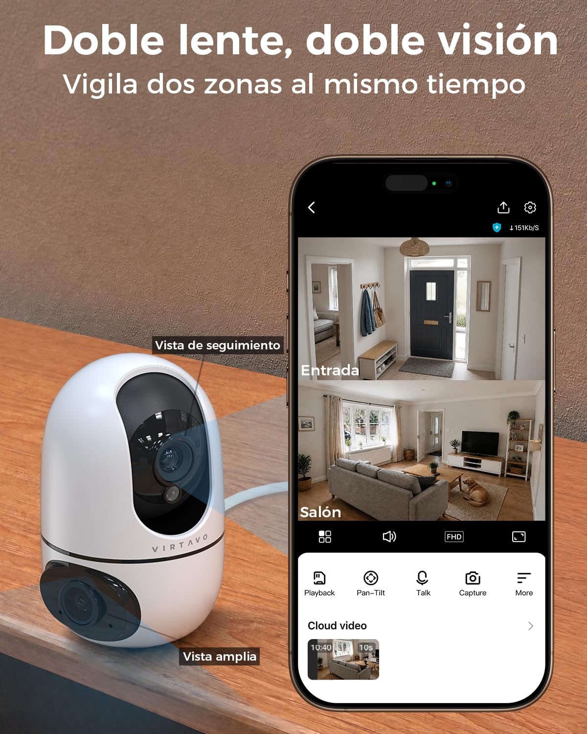 VIRTAVO XD1 Cámara Vigilancia WiFi Interior 1080P Doble Lente, 2 Vistas en 1 Pantalla, Visión Nocturna, Seguimiento Inteligente, Audio Bidireccional, PTZ 360° para Bebés/Mascotas/Seguridad en Casa