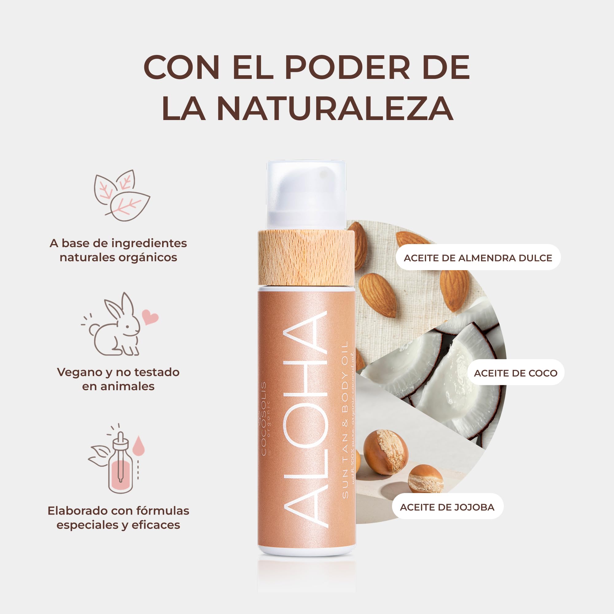 COCOSOLIS Aloha - Acelerador de Bronceado con Vitamina E, Loción Bio Oil para un bronceado natural – Bronceadores Solares choco - Seis aceites naturales para una piel radiante - 110 ml