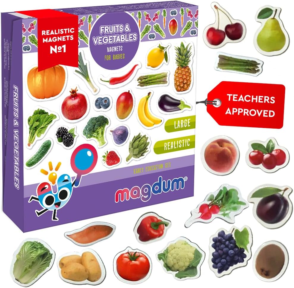 50 Fridge Magnets for Toddlers - Realistic Set Fruits Berries Vegetables