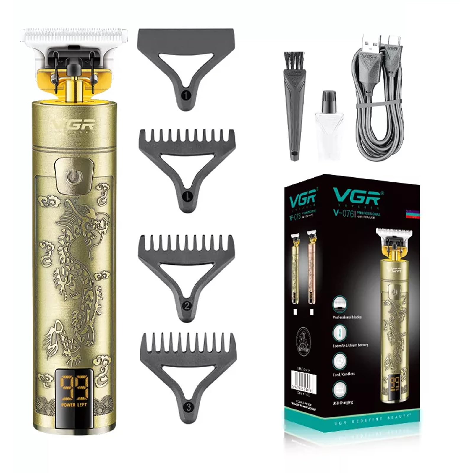 VGR V-076 Professional Hair Trimmer for Men – Precision Blade, 150 Min Runtime, 800mAh Lithium Battery, Type-C USB Cable, LED Display, 3 Guide Comb, Low Vibration (Gold) 1-Year Warranty (B09YQ71V4G) Amazon Price History, Amazon Price Tracker