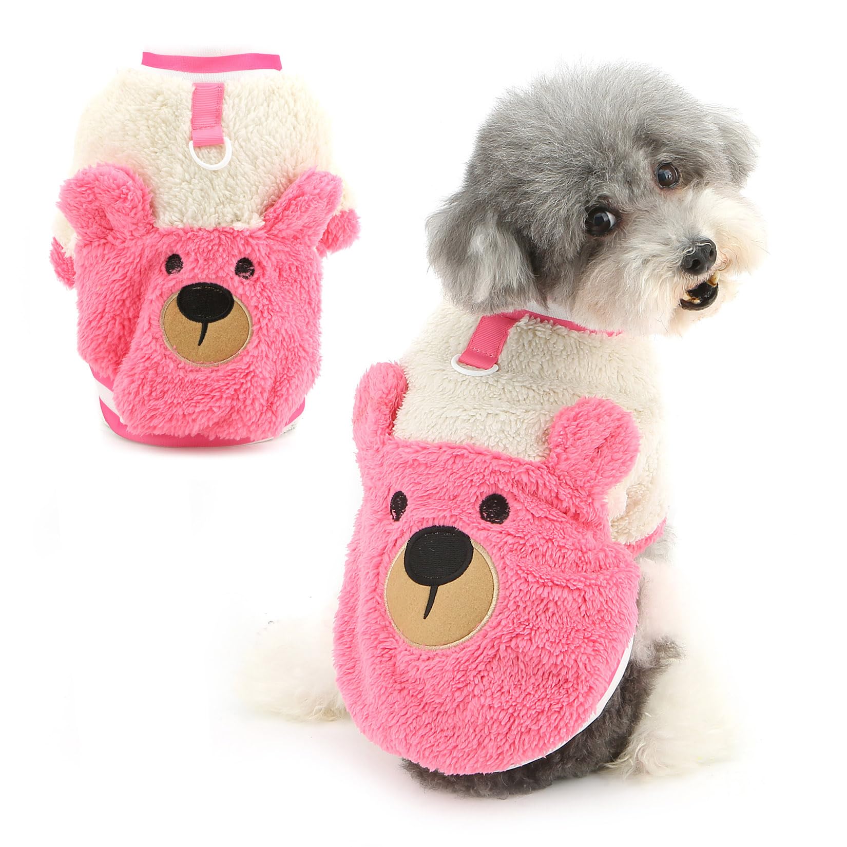 Ranphy Fluffy Fleece Jumper for Small Dogs and Cats, Warm Short Sleeve Pullover Sweatshirt with D-Ring and Cute Bear Pattern, Soft Winter Outfit for Puppy Kitten Chihuahua Yorkie,Pink,M