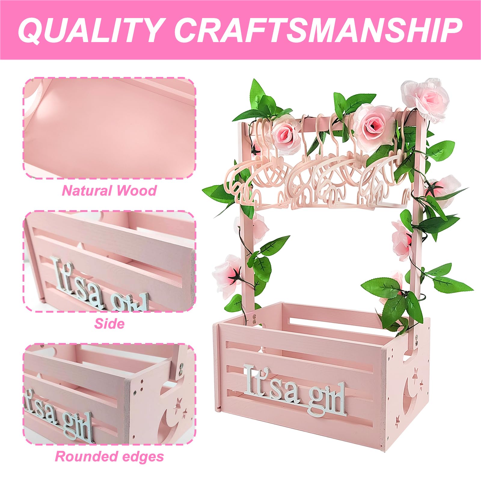 Sibosen Wooden Baby Shower Crate Closet,Baby Storage Crate Hamper with Handle, Garland and 10 Clothes Hangers - Image 3