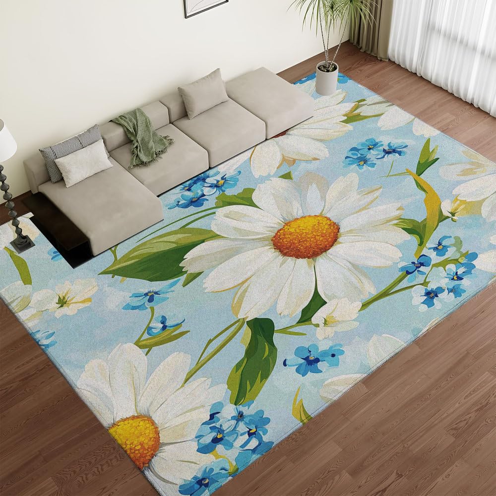 Tapis de couloir antidérapant motifs floraux cyan lavable en machine