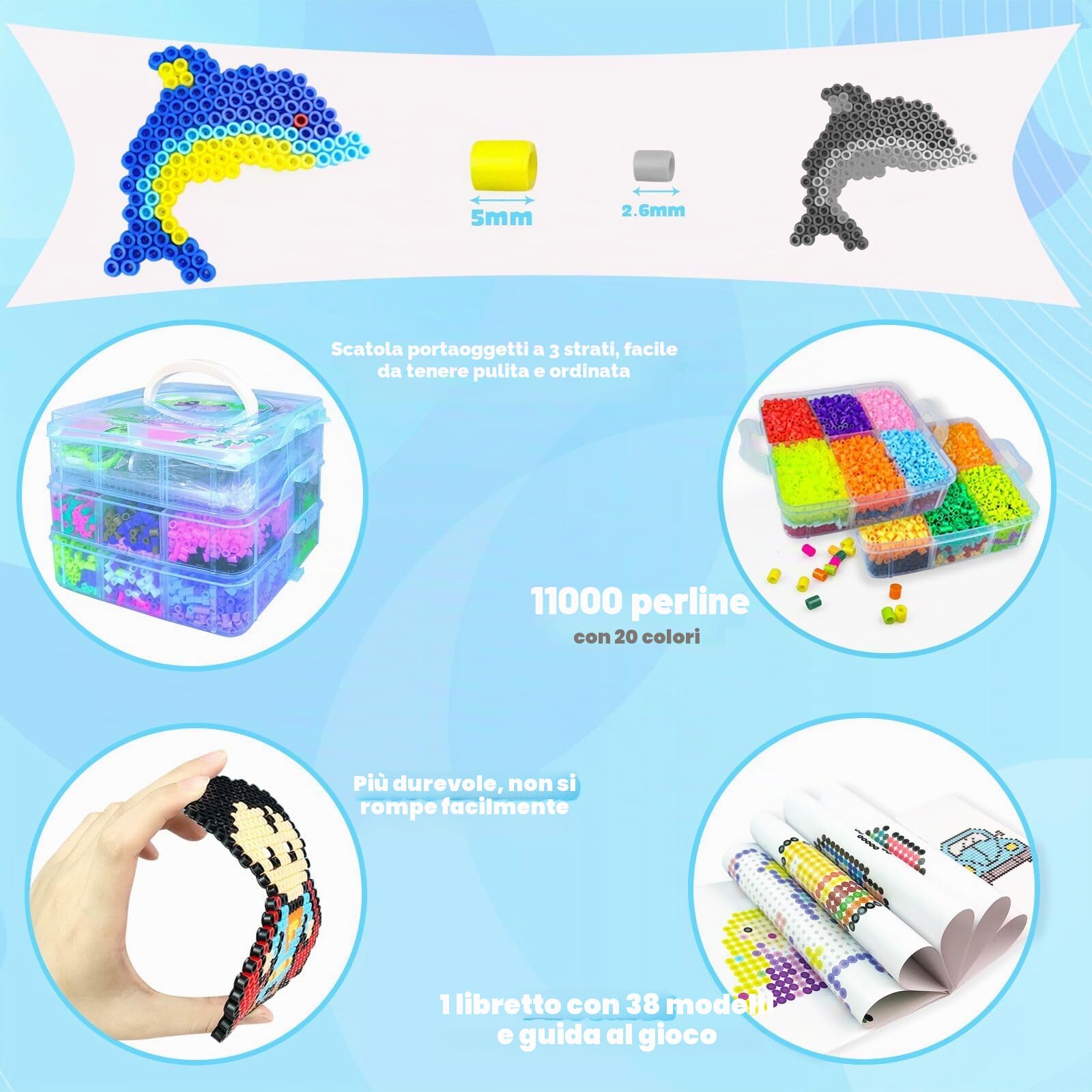Kit di 11000 Perline Fusibili, Set di Perline in Ferro da 20 Colori, 5 mm, con Scatola Portaoggetti, Pannello forato, Carta da Stiro e Accessori per Catene, Kit Fai Da Te, Regali per Ragazze