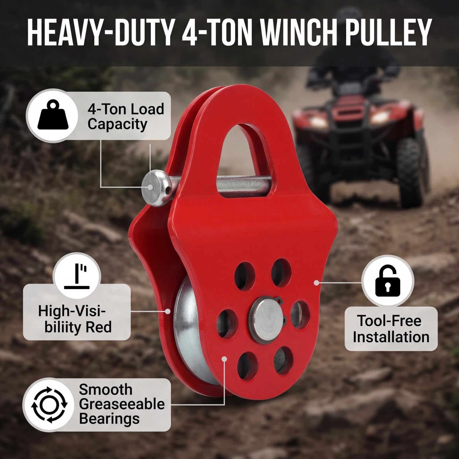 Fafeicy Blocco di Snatch Verricello, Puleggia Verricello Pesante Installazione Facile 4t di Carico di capacità di Carico Rosso per ATVS