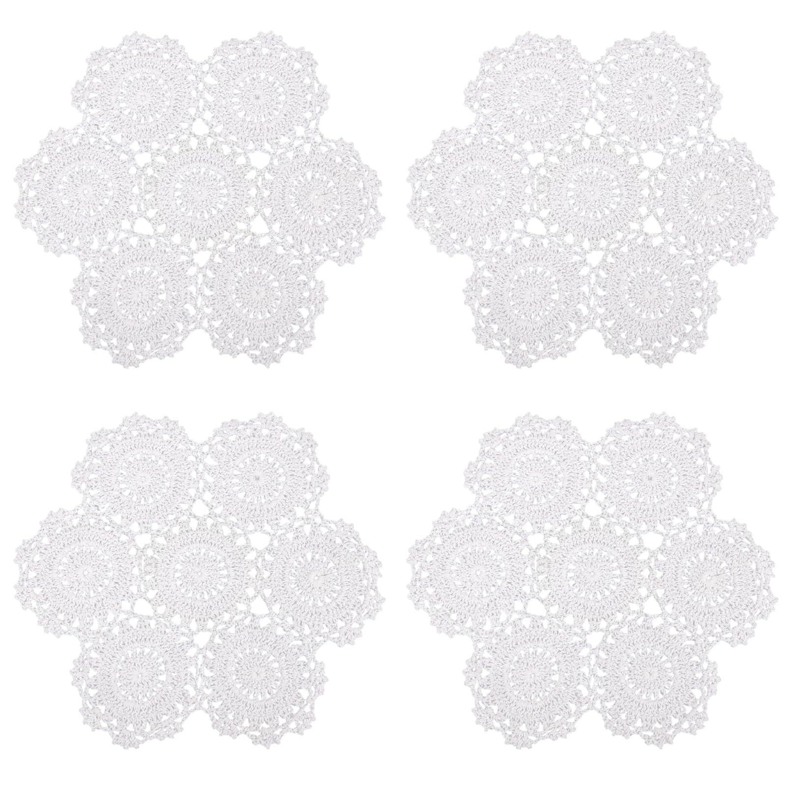 Kilofly White Crochet Cotton Lace Table Placemats Doilies Pack, 4Pc, Blossoms, 10 Inch