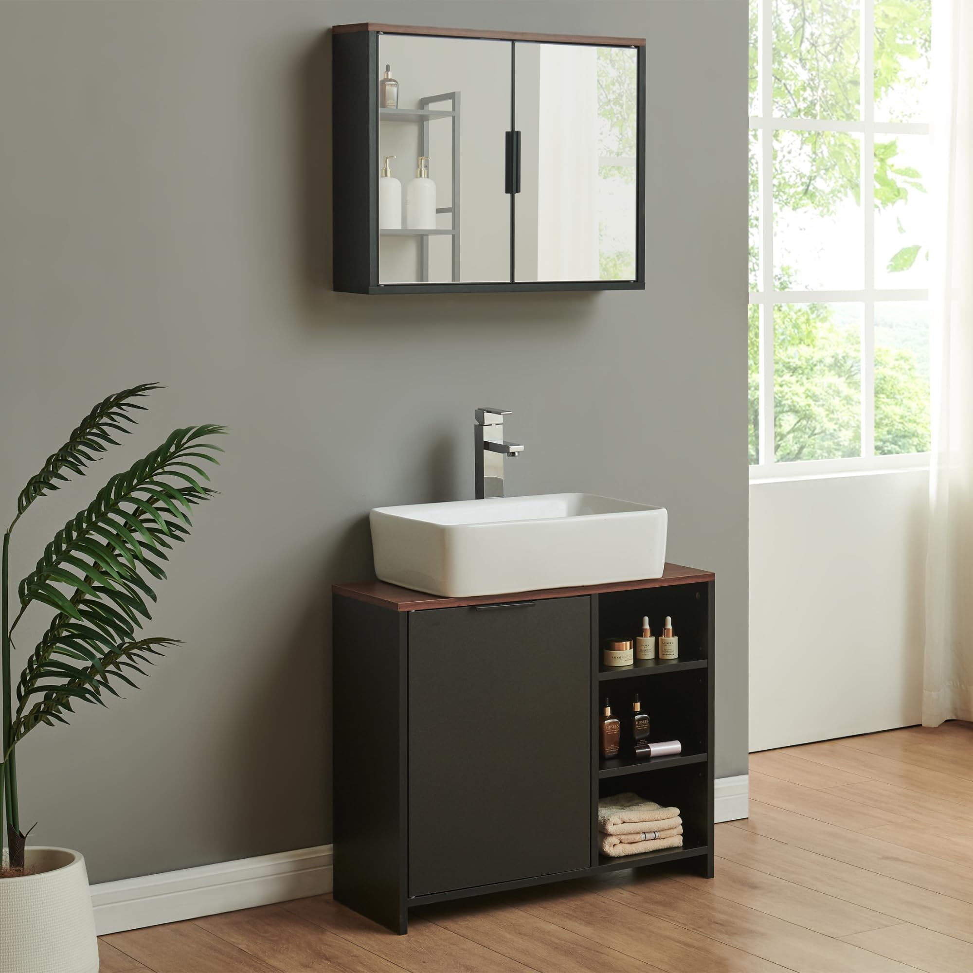 [en.casa] Spiegelschrank Bad Trond Hängeschrank Badspiegelschrank mit 2 Türen Badezimmerschrank hängend 50 x 60 x 15 cm Badschrank mit Spiegel Schwarz/Walnussoptik