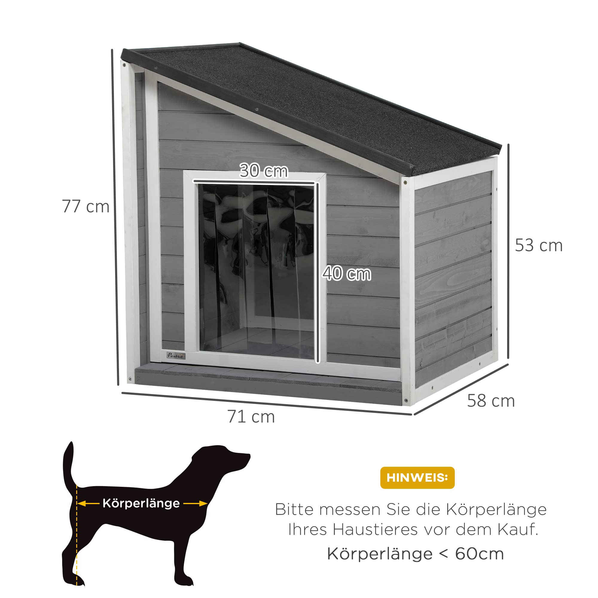 PawHut Hundehütte Outdoor aus Holz, Hundehaus mit zu öffnendem Asphaltdach und Türvorhang, Wetterbeständig Kleintierhaus für kleine Hunde, draußen, Grau, 71 x 58 x 53/77 cm