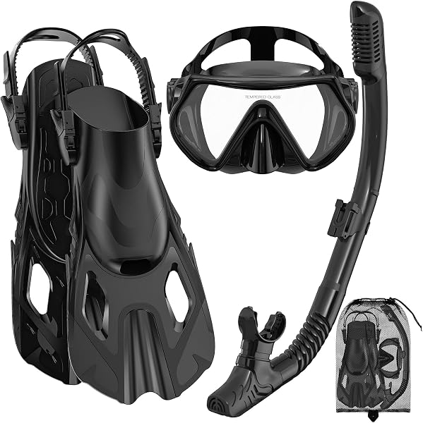 Snorkeling Gear for Adults, Mask Fin Snorkel Set, Dry Top Snorkel, Snorkeling Kit Travel Diving Package, Panoramic View