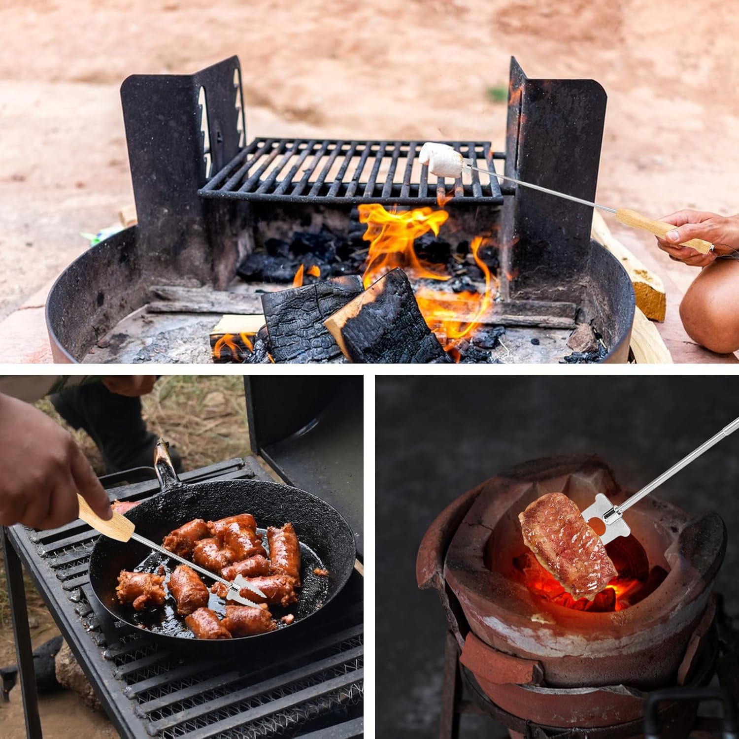 Pinchos de Barbacoa Extensibles de Acero Inoxidable Mango de Madera con Tubo de Soplado Telescópico Tenedor de Barbacoa Extensible(81 cm)