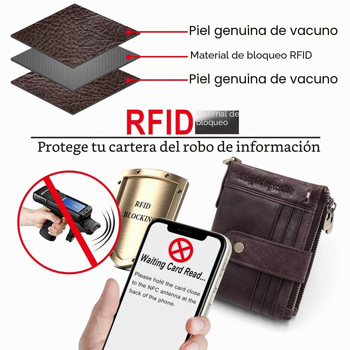 REETEE Carteras para Hombre Billetera de Piel con RFID Bloqueo Billeteras Hombre y Monedero con Cremallera, Monedero Hombre Pequeño19 Ranuras para Tarjetas y Cartera Hombre con Cadena