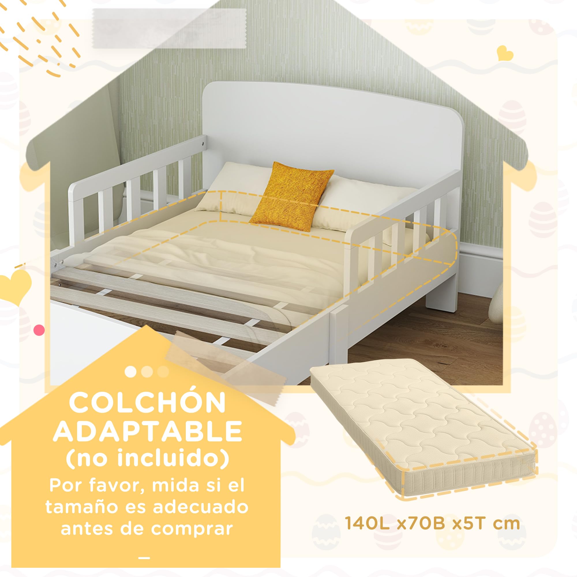 AIYAPLAY Cama Infantil 70x140 cm con Barrera Anticaídas y Somier, Blanco | Cama para Niños, para Niños y Niñas de 3-8 Años