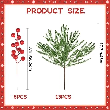 13PCS Artificial Norfolk Pine Branches with 5PCS Red Berry Stems, 18 Inch Real Touch Christmas Faux Fake Greenery Evergreen Pine Stems Picks for Vases DIY Craft Garland Table Xmas Home Decor