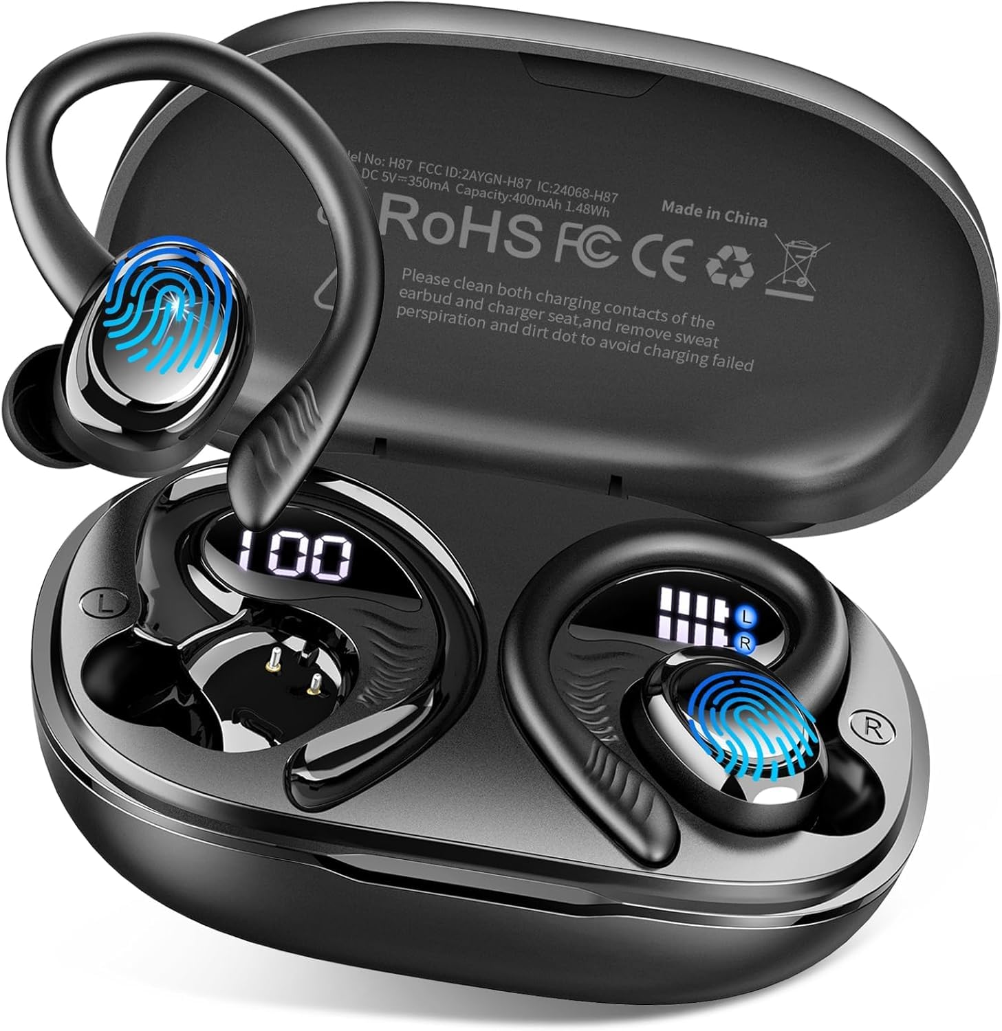 Bluetooth Kopfhörer Sport 5.4, 2025 In Ear Kopfhörer Kabellos Bluetooth mit Hi-Fi Stereo, 50Std Sportkopfhörer Over-Ear mit Ohrhaken, Noise Cancelling Earbuds/4 ENC Mic, IP7 Wasserdicht Ohrhörer/USB-C