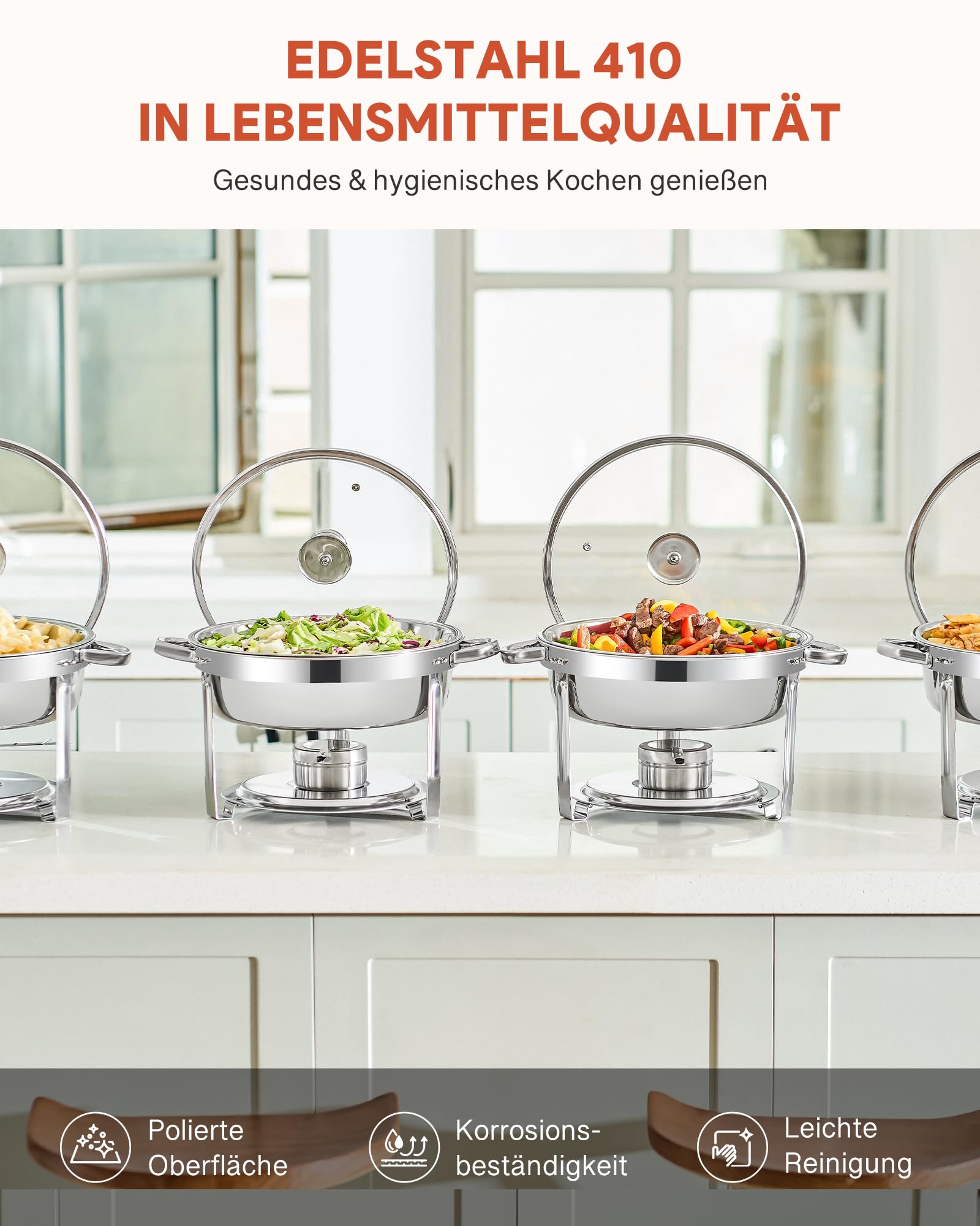 Wilprep 5,5L 4er-Set Rund Chafing Dish Set, Edelstahl-Speisenwärmer, Suppenwärmer & Bain Marie, Warmhaltebehälter für Restaurants, Buffets und Schulen