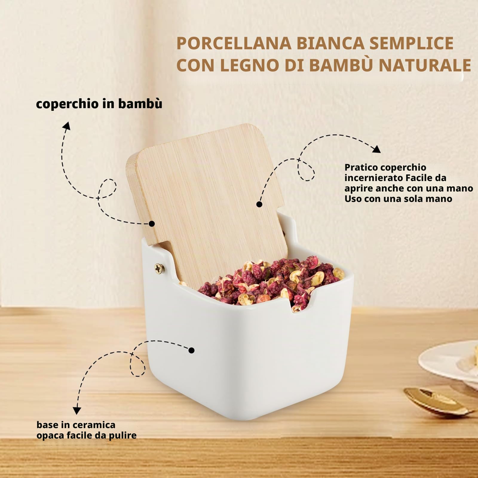 Zuccheriera Ceramica, Barattoli Sale per Cucina Saliniera In Porcellana Set di Ciotole in Porcellana con Coperchio e Cucchiaio per Casa e Cucina