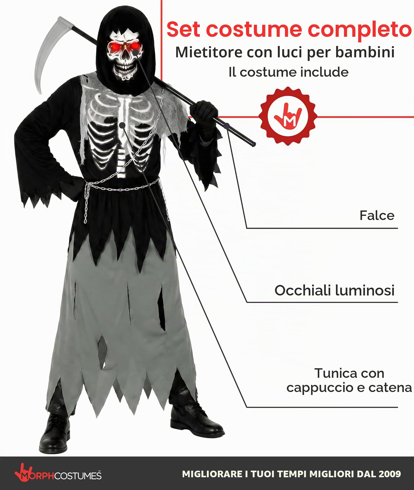 Morph Costume Morte Bambino, Costume Mietitore Halloween Bambino | Veste con Cappuccio, Catena, Falce & Occhiali LED, Perfetto per Halloween, Ideale per il Gioco di Ruolo