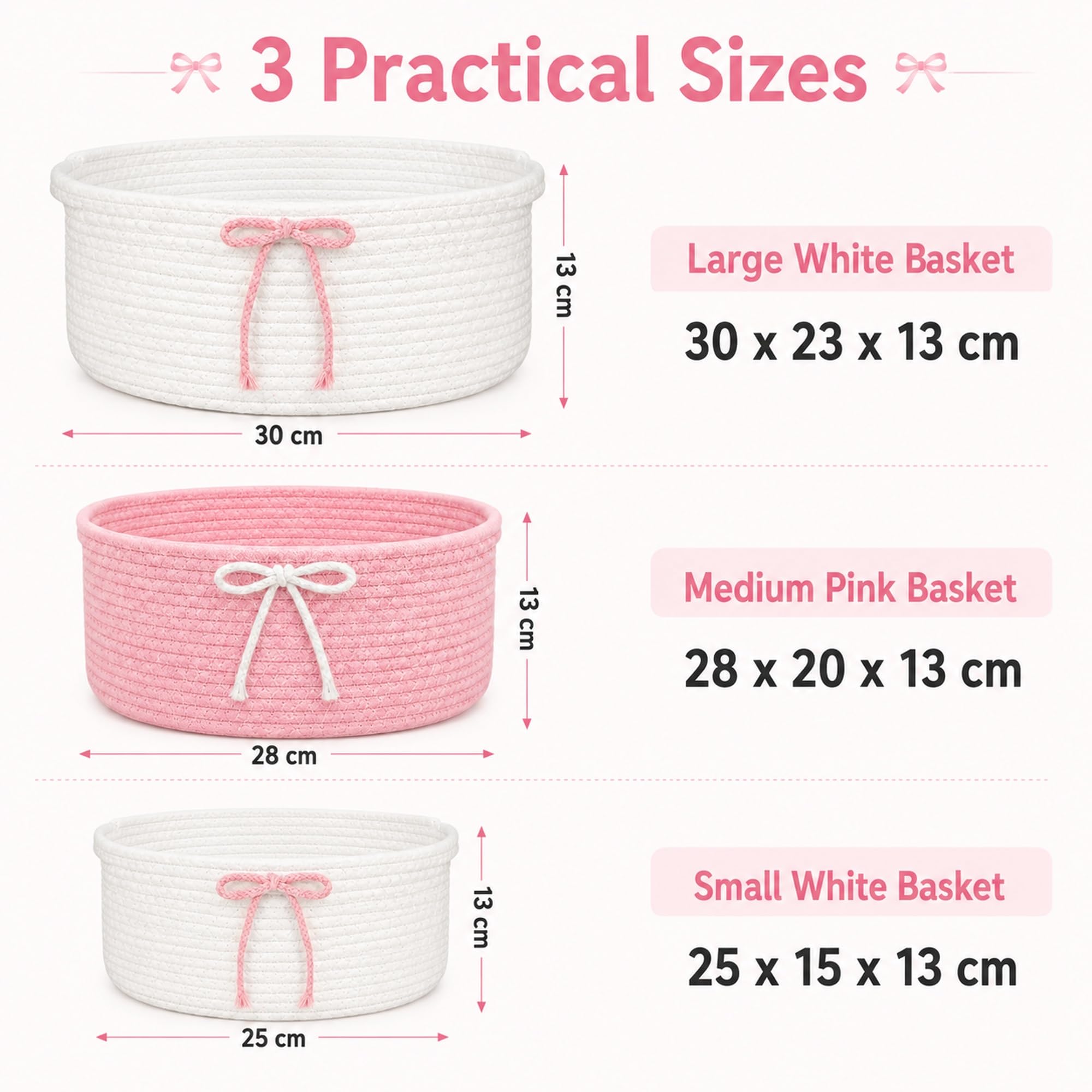 Set di 3 cestini intrecciati con manico, rosa, 3 misure, per decorazioni, organizzazione, bagno, camera dei bambini, soggiorno