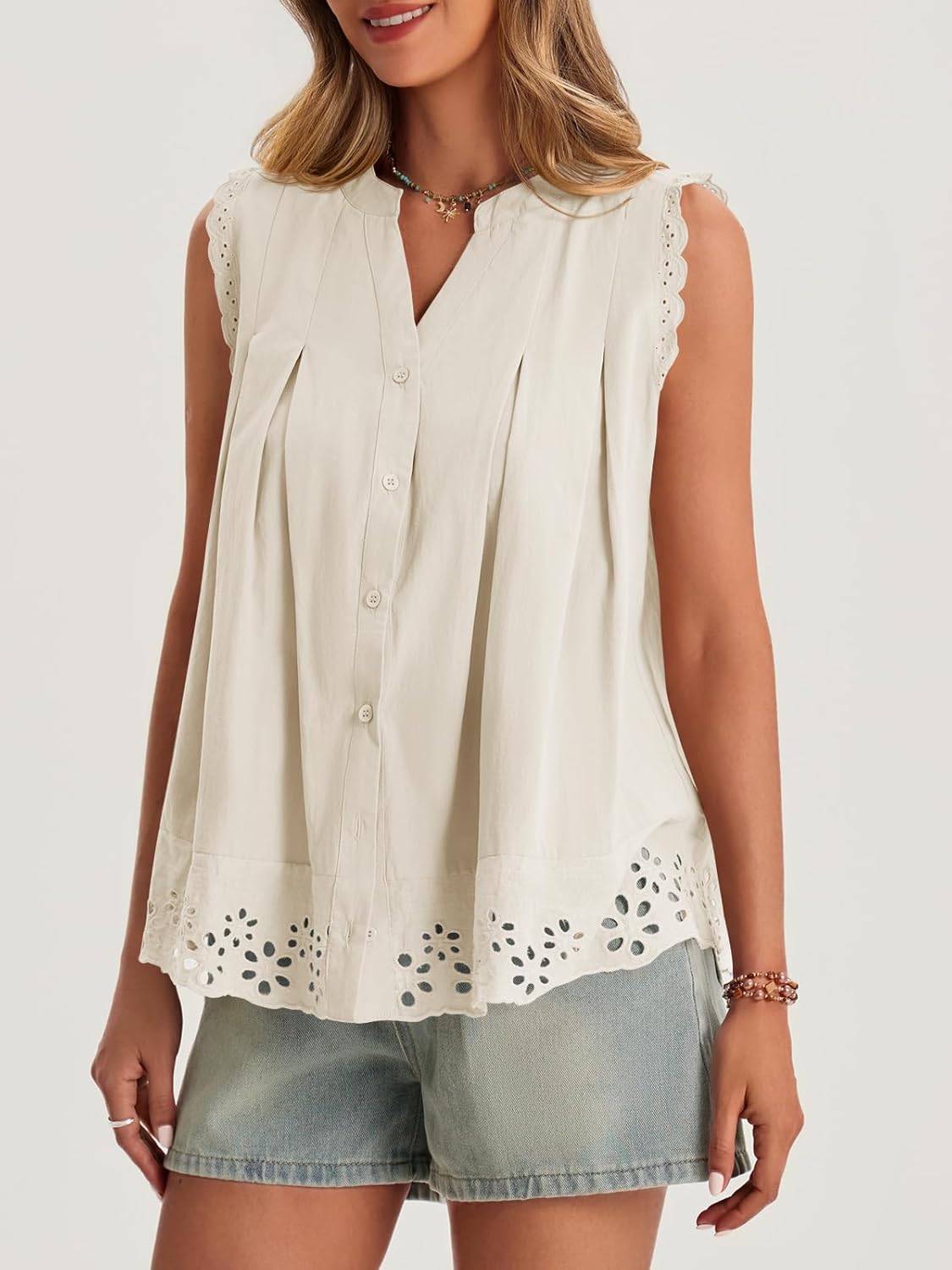 Cicy Bell Womens Summer Eyelet Tank Tops V Neck Ruffle Sleeveless Button Down Shirts Casual Cotton Loose Fit Tees - Image 4