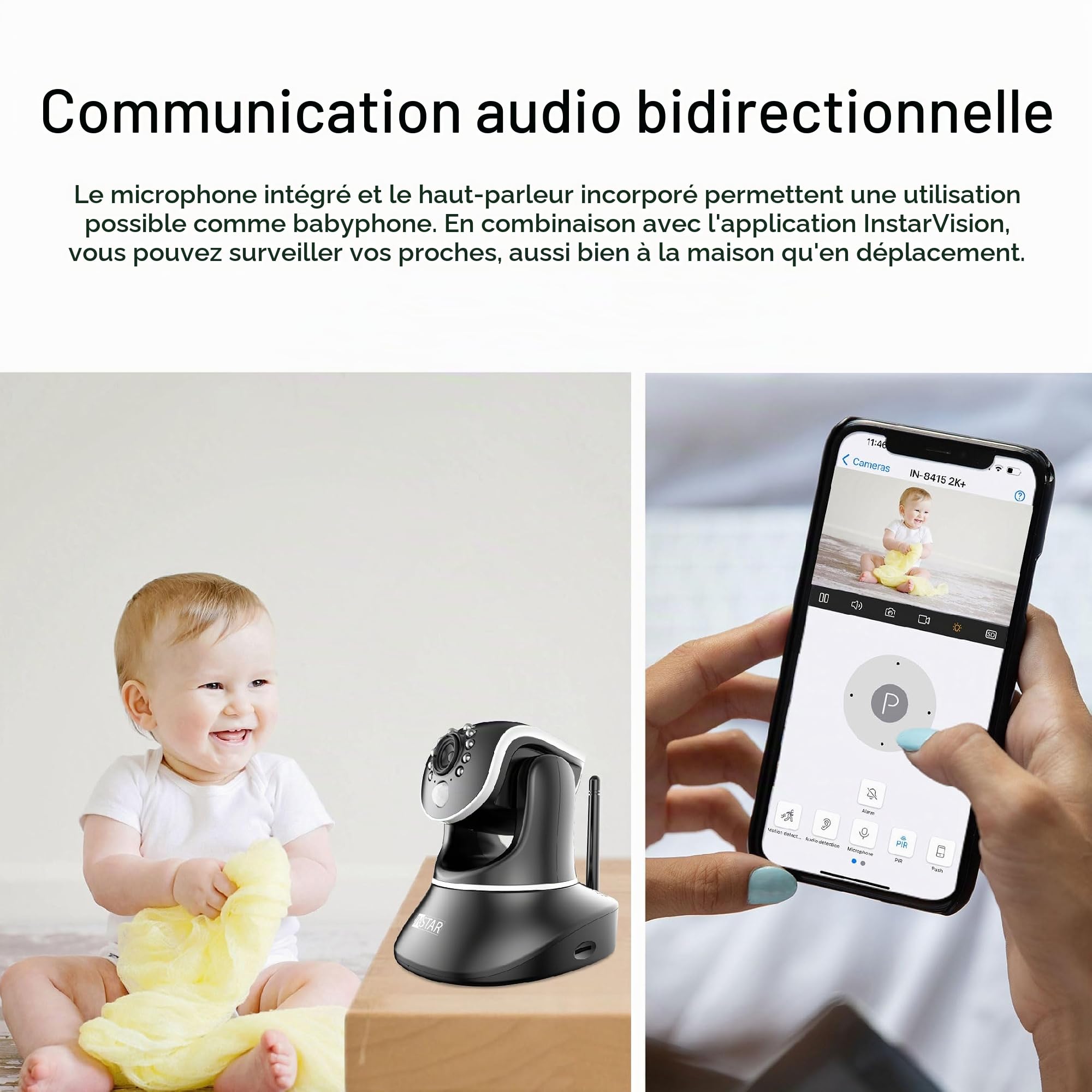 INSTAR IN-8415 2K+ Noir - Caméra de Surveillance LAN/PoE/WLAN avec IA - Caméra IP contrôlable - WPA3 - Wi-FI 2,4 et 5 GHz - Utilisation intérieure - PIR - PTZ - HomeKit - MQTT