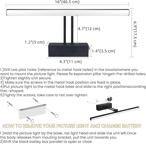 Miniatura 5 de HOWMZON Luz de imagen inalámbrica luz de imagen a pilas con control remoto luz de arte de metal completo de 16 pulgadas para pinturas lámpara de