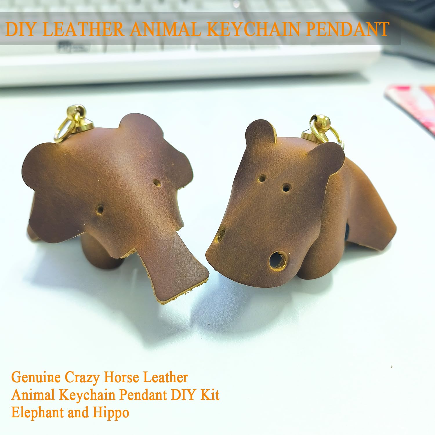 PTGMH Leather Keychain Kit DIY Keychain Charms Making Kit Crazy Horse Leather Elephant Keychain Hippo Keychain Pendant Bag Charms Leather Key Fob Kit for DIY Craft (Brown (Hippo))