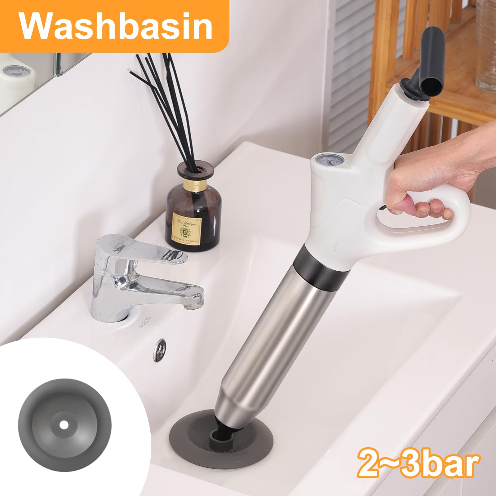 Déboucheur de Toilette à Air Comprimé, Déboucheurs Ventouses avec Baromètre, Ventouse Deboucheur WC avec 3 Têtes de Piston et Gonfleur, Débouchage pour Toilette, Évier, Baignoire