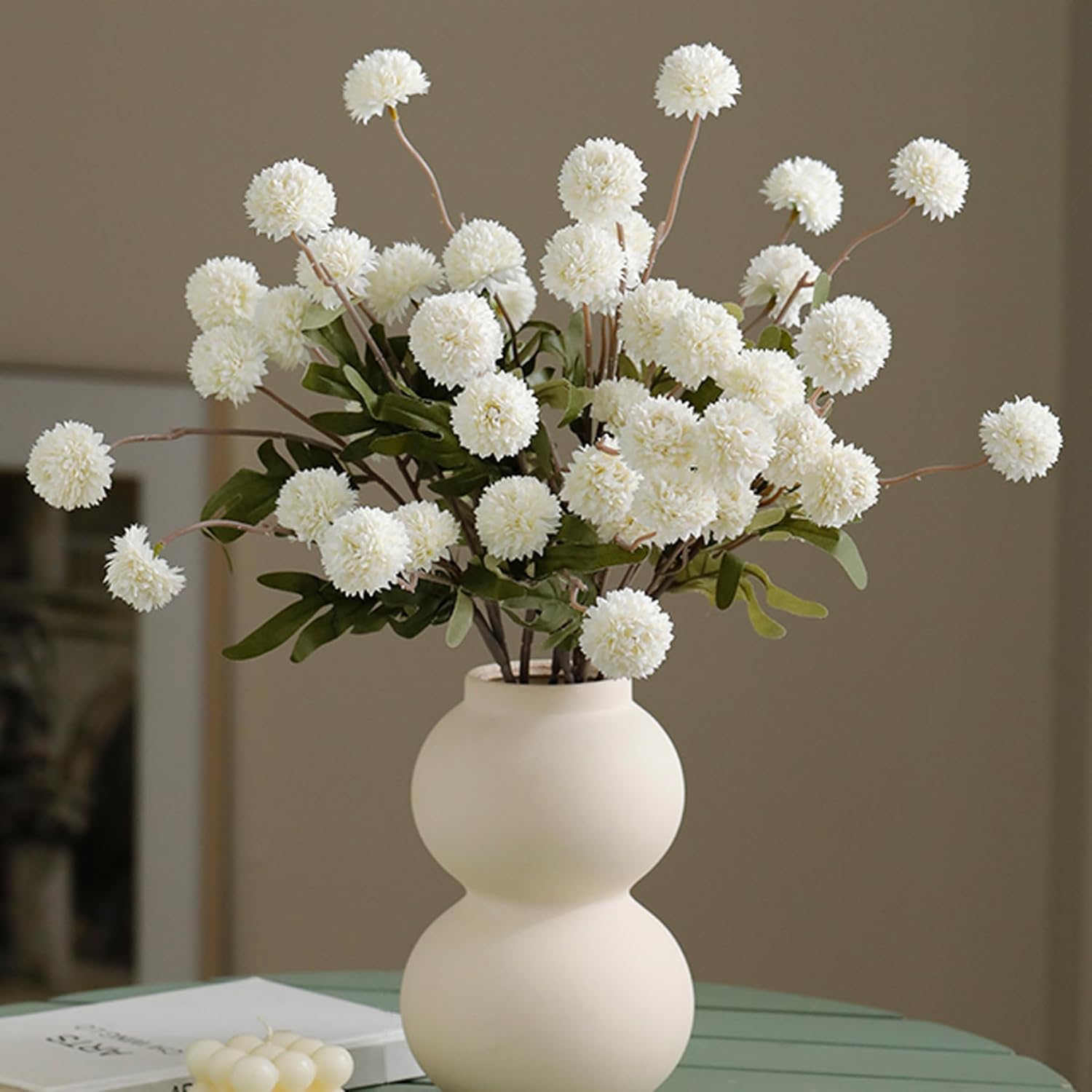 Sherika White Faux Kiku Flower,10 Stems Artificial Chrysanthemum Flowers with Eucalyptus, Fake Long Stem Mums Balls Arrangements, Dried Pompom Hydrangea for Vase, Centerpiece,Aesthetic Room Decoration