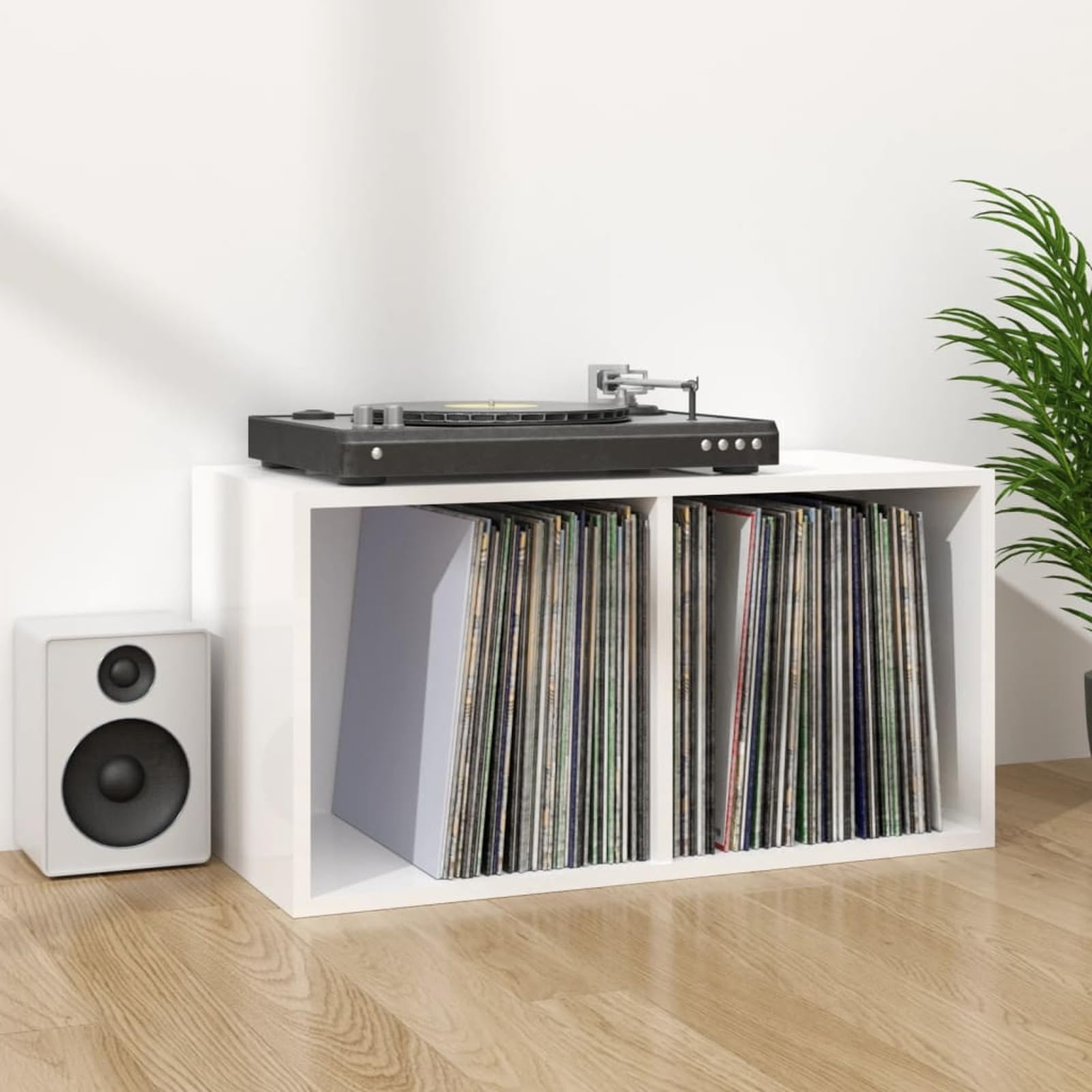 Caja de Almacenamiento para Discos de Vinilo - 2 Compartimentos, Blanco Brillante, 71 x 34 x 36 cm, Madera Contrachapada