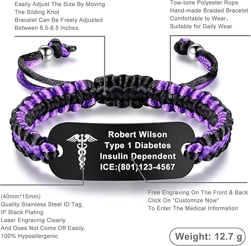 Miniatura 2 de Pulseras personalizadas de identificación médica para mujeres y hombres  Pulsera de emergencia médica de acero inoxidable chapado en negro  Pulsera