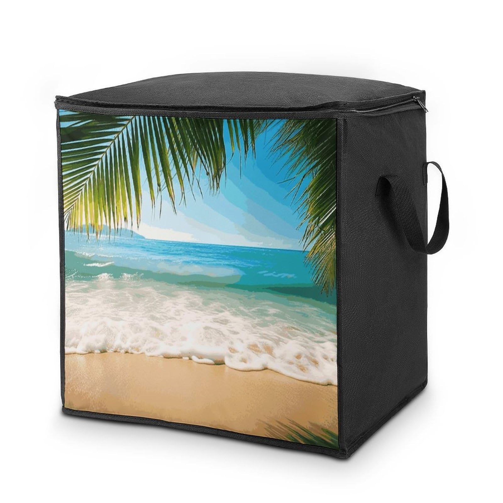 Ocean Sea Beach Palm Leaves Storage Bag with Zippers And Handle Extra Large Bedding Comforter Storage Bag Foldable Blanket Storage Bags Fabric Moving Bags for Closet Organizer (70L)