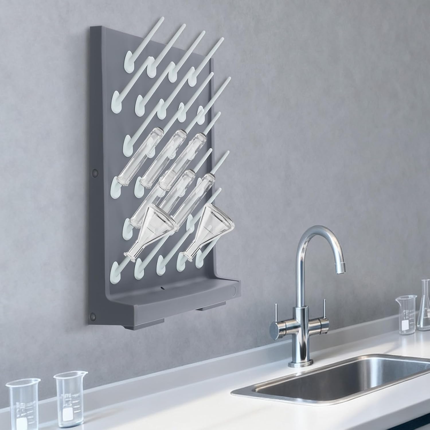 2-Pack Wall-Mount Lab Drying Rack with 27 Pegs, Laboratory Glassware Dryer with Drain Tray & Water Outlet Hose, Anti-Corrosive Polypropylene Rack for Beakers, Flasks, Tubes