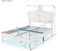 Vista 18 de Linique Base de cama tapizada de tamaño matrimonial con luces LED, moderna cama de princesa tapizada con cabecera corona, blanco y rosa