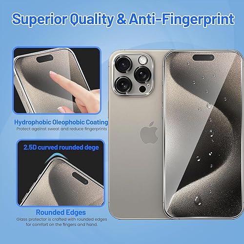 Miniatura 5 de Yoyamo Protector de pantalla para iPhone 15 Pro Max, 3 unidades, protector de pantalla de dureza 9H, vidrio templado para iPhone 15 Pro Max (6.7