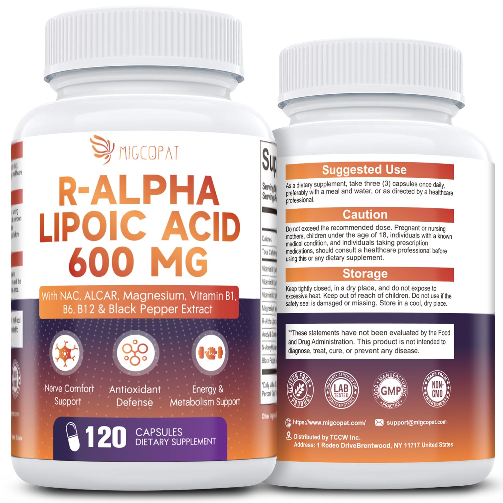 Migcopat R Alpha Lipoic Acid 600mg Neuropathy Supplement 120 Caps