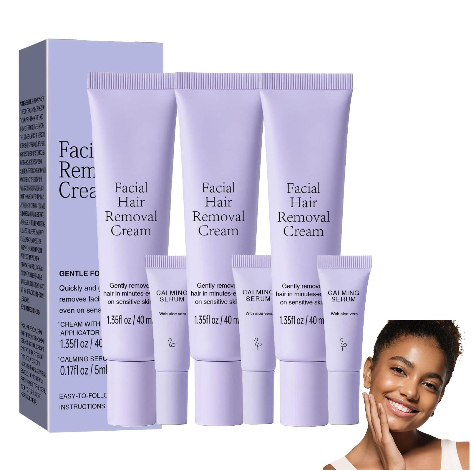 Facial and Body Hair Removal Cream for Sensitive Skin - Gentle & Painless Depilatory Cream for Men & Women - Includes Hydrating & Soothing Facial Serum - Safe for All Skin Types (3pcs)