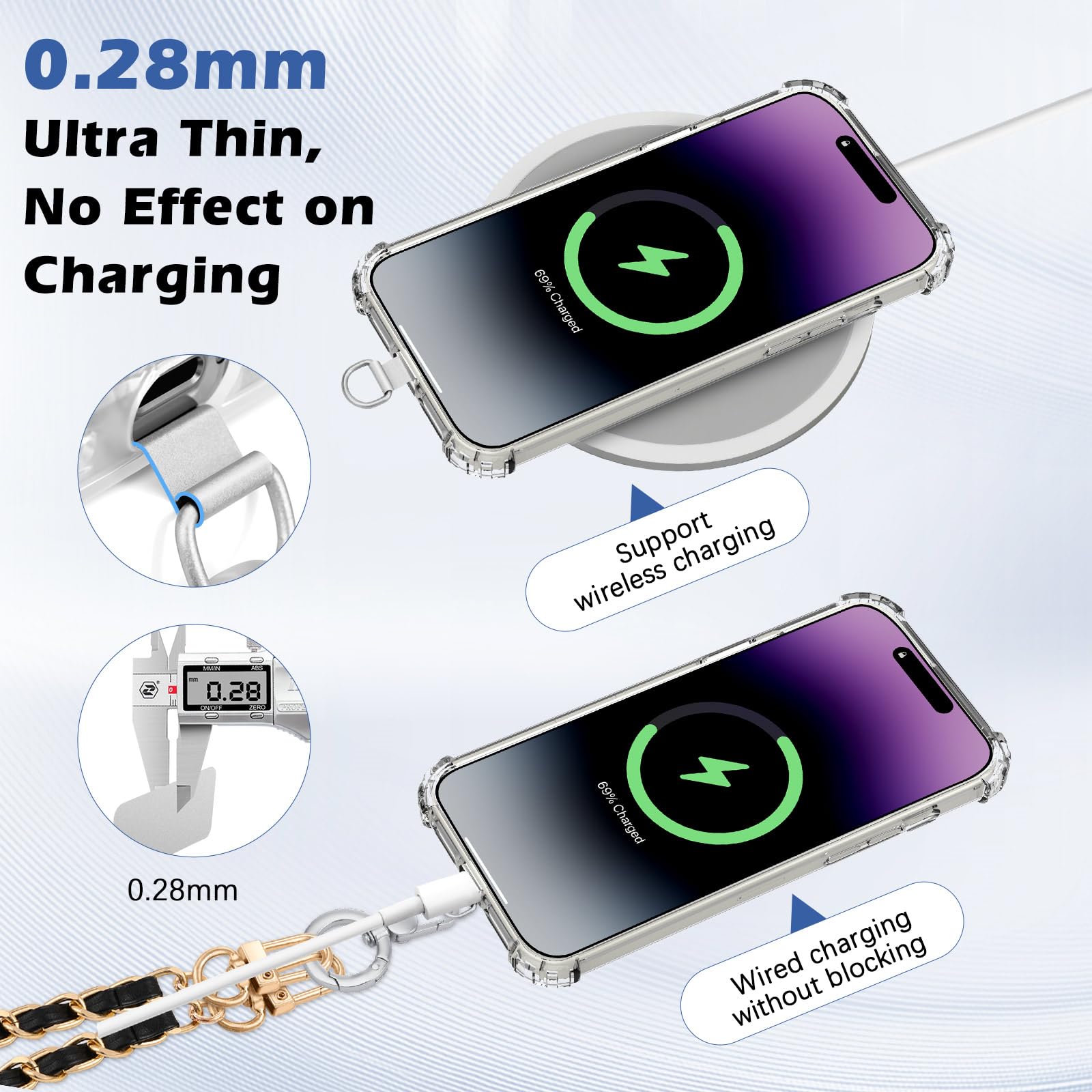 Catenella Antifurto Per Telefono In Acciaio Inox 60 Cm Con Moschettone Bloccabile E 2 Linguette 360° - Laccetto Da Collo Per Viaggi, Shopping E Campeggio, Argento