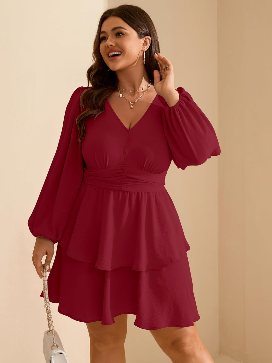 RWJ Plus Size Dresses for Curvy Women V Neck Long Sleeve Elastic Waist Fall Wedding Guest Layer Casual Mini Dress - Image 5
