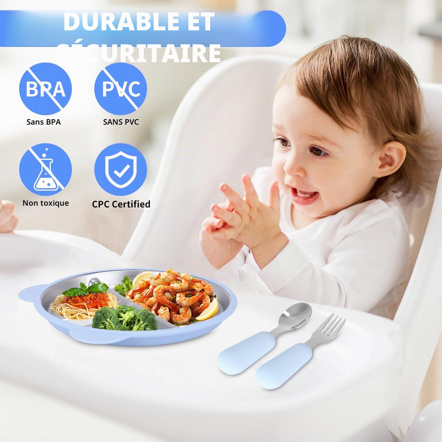 2 pièces Assiette Ventouse pour bébé Acier Inoxydable, Ustensiles Pour Bébé avec 2 Cuillères Et Fourchettes, Oreilles de Chat Compartiment Bebe, Assiette inox enfant Lavable au lave - vaissel