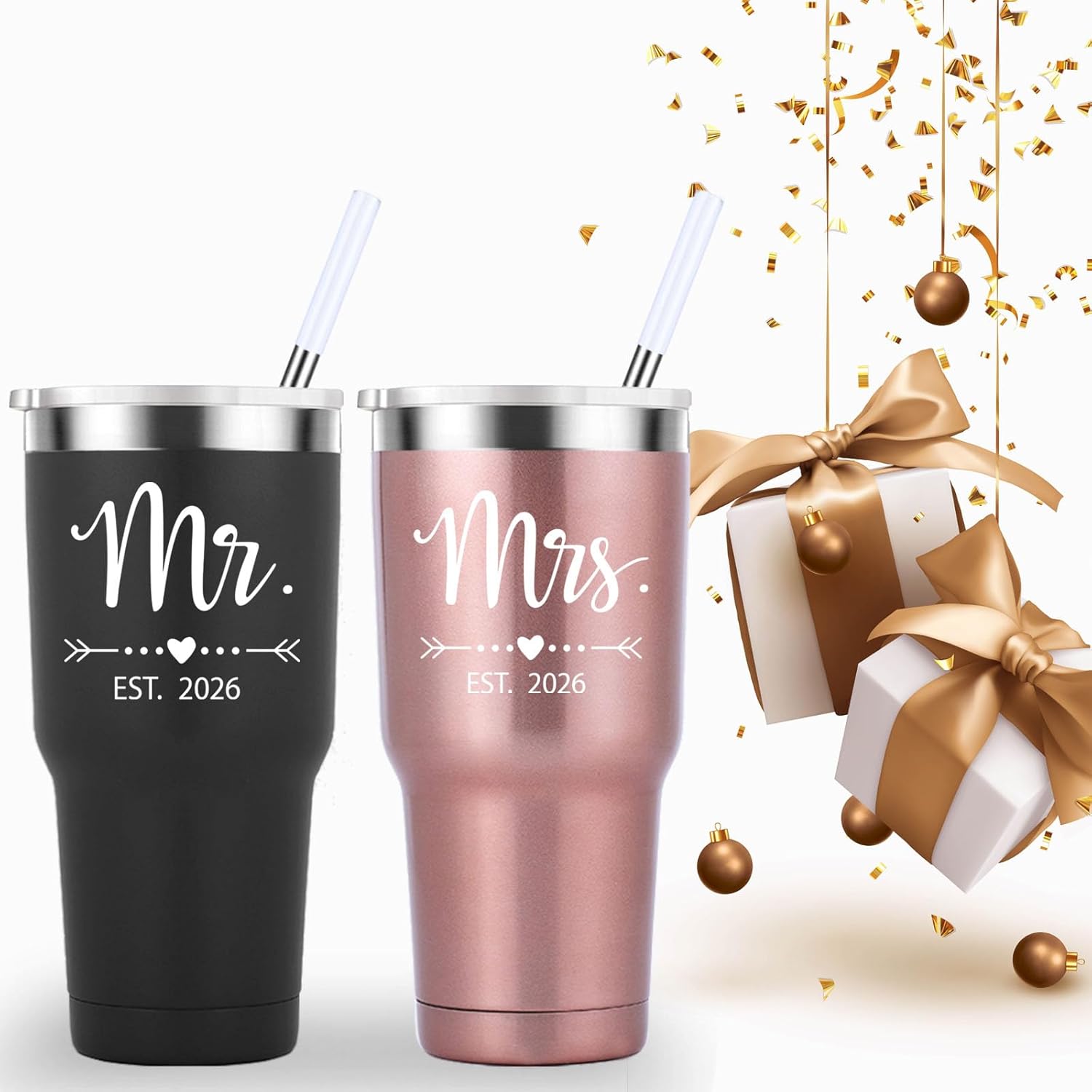 Mamihlap Mr and Mrs Est 2026 Travel Mug 30oz Tumbler.Newlyweds Couples Wife Bride To Be Newly Engaged Bridal Shower Gifts.Wedding Tumbler Idea for Bridal Showers Engagement.(Black&Rose Gold) - Image 5