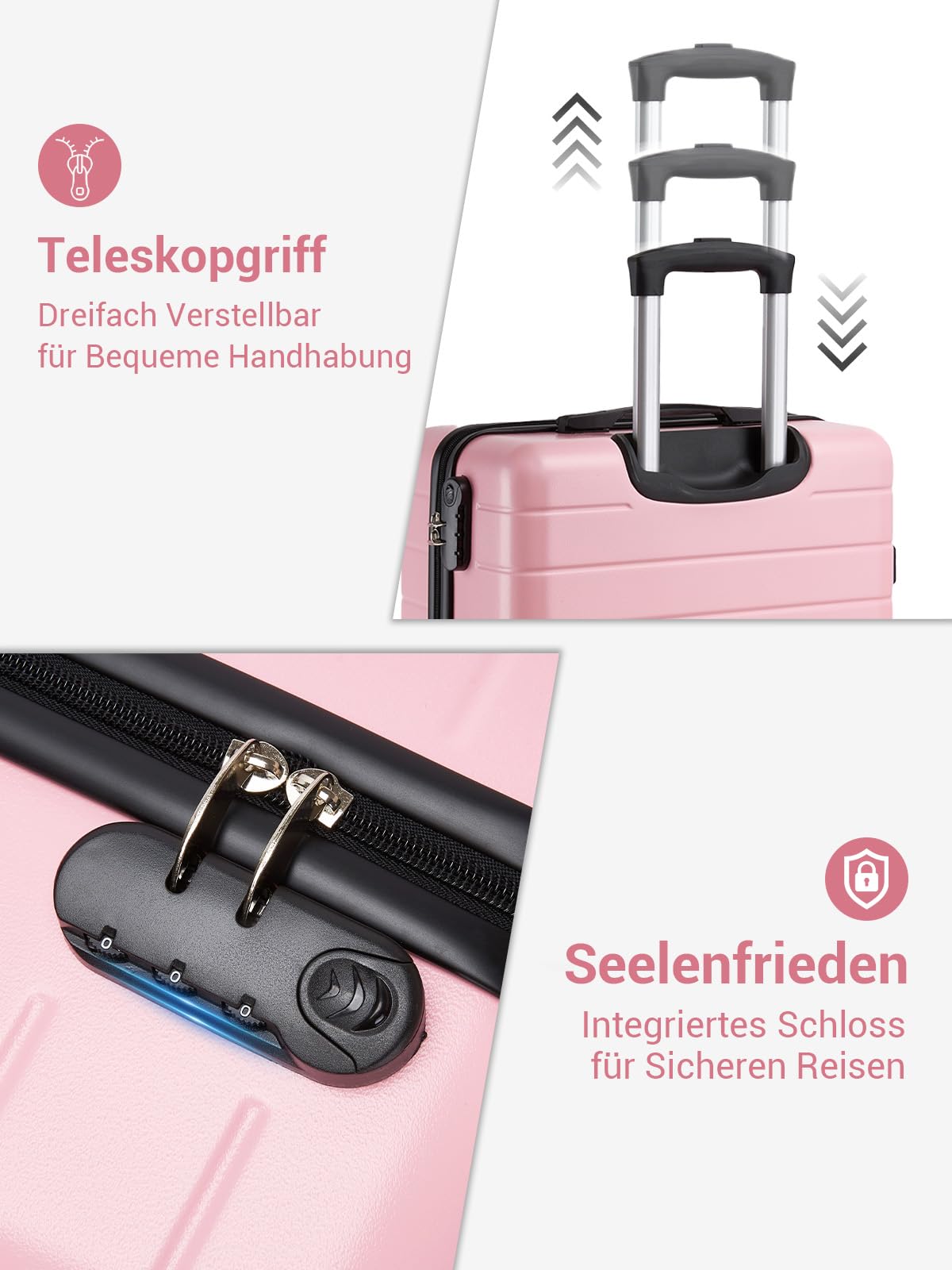 Handgepäck Koffer 55x40x20 cm Reisekoffer Hartschalenkoffer aus ABS, Leichter Trolley mit 4 Leisen 360° Doppelrollen, Integriertem Schloss, Für Viele Airlines Geeignet (M, Rosa)