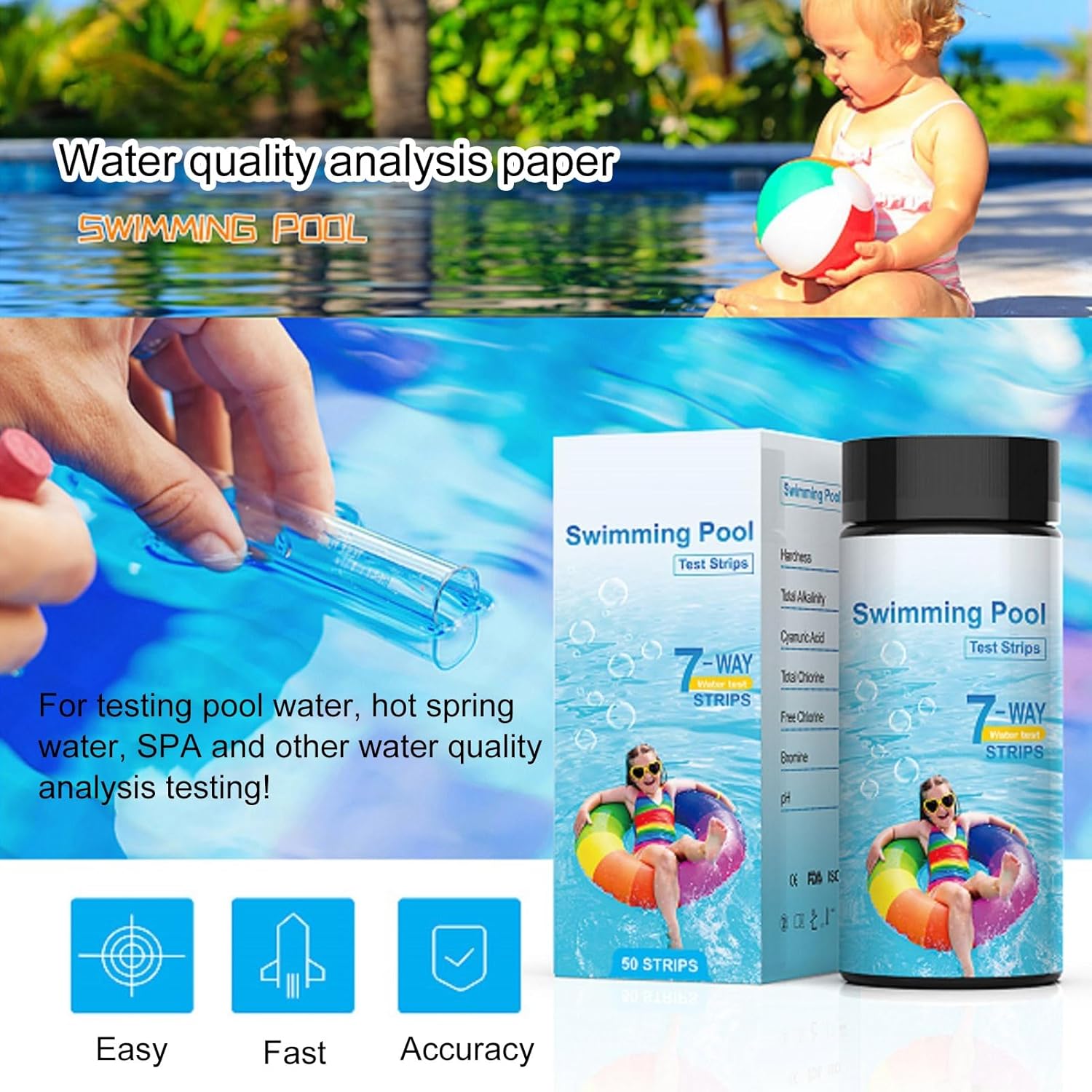 Image showing a hand dipping a test strip into pool water, with text indicating the strips are for pool, hot spring, and spa water analysis.