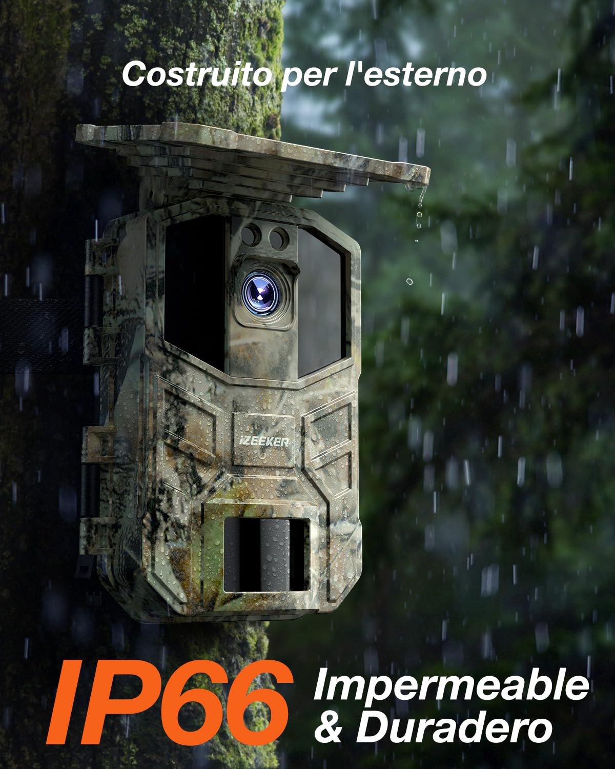 iZEEKER Fototrappola App, 4K UHD 64MP Solare Fotocamera Caccia con Scheda SD 64GB & Batteria Ricaricabile da 5200mAh, WiFi Bluetooth, Visione Notturna, Impermeabile IP66 per Monitoraggio Fauna