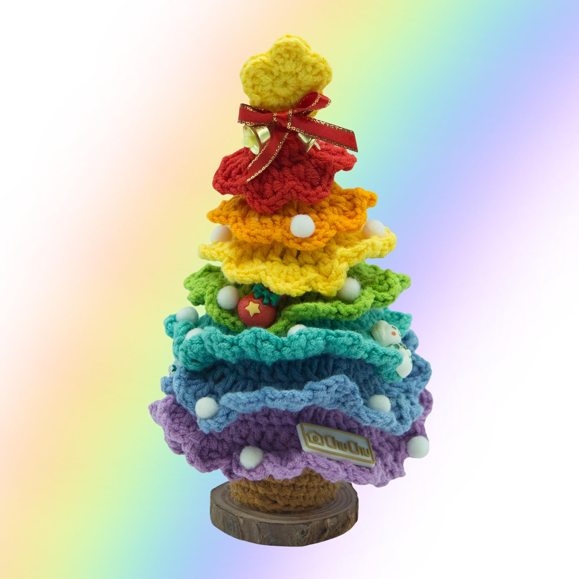 Handmade Crochet Rainbow Christmas Tree 16 to 18 cm – Unique Holiday Decoration with Mini Ornaments (Santa, Snowman, Gifts) – Christmas Home Décor by CHU CHU
