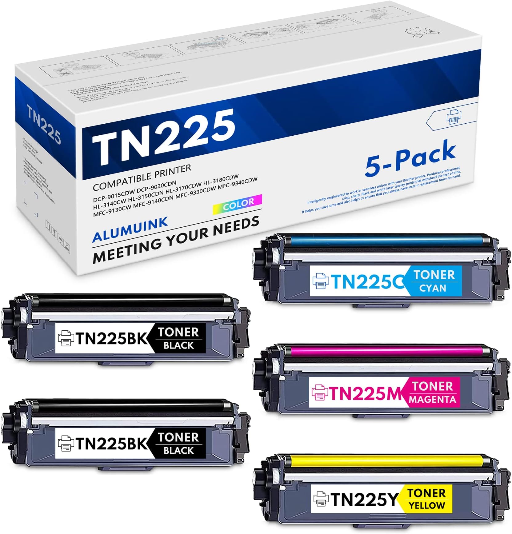 ALUMUINK 5-Pack Compatible TN225 TN-225 2BK/C/M/Y Toner Cartridge Replacement for Brother HL-3140CW HL-3150CDN HL-3170CDW HL-3180CDW MFC-9130CW MFC-9140CDN DCP-9015CDW DCP-9020CDN Toner Printer