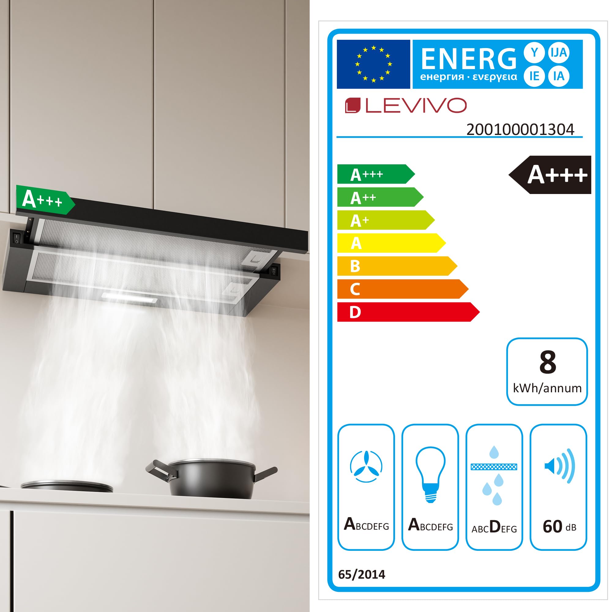 LEVIVO Dunstabzugshaube 60cm Unterbau Umluft Abluft 400 m³/h Flachschirmhaube 2 Stufen LED-Licht Ausziehbar Schwarz